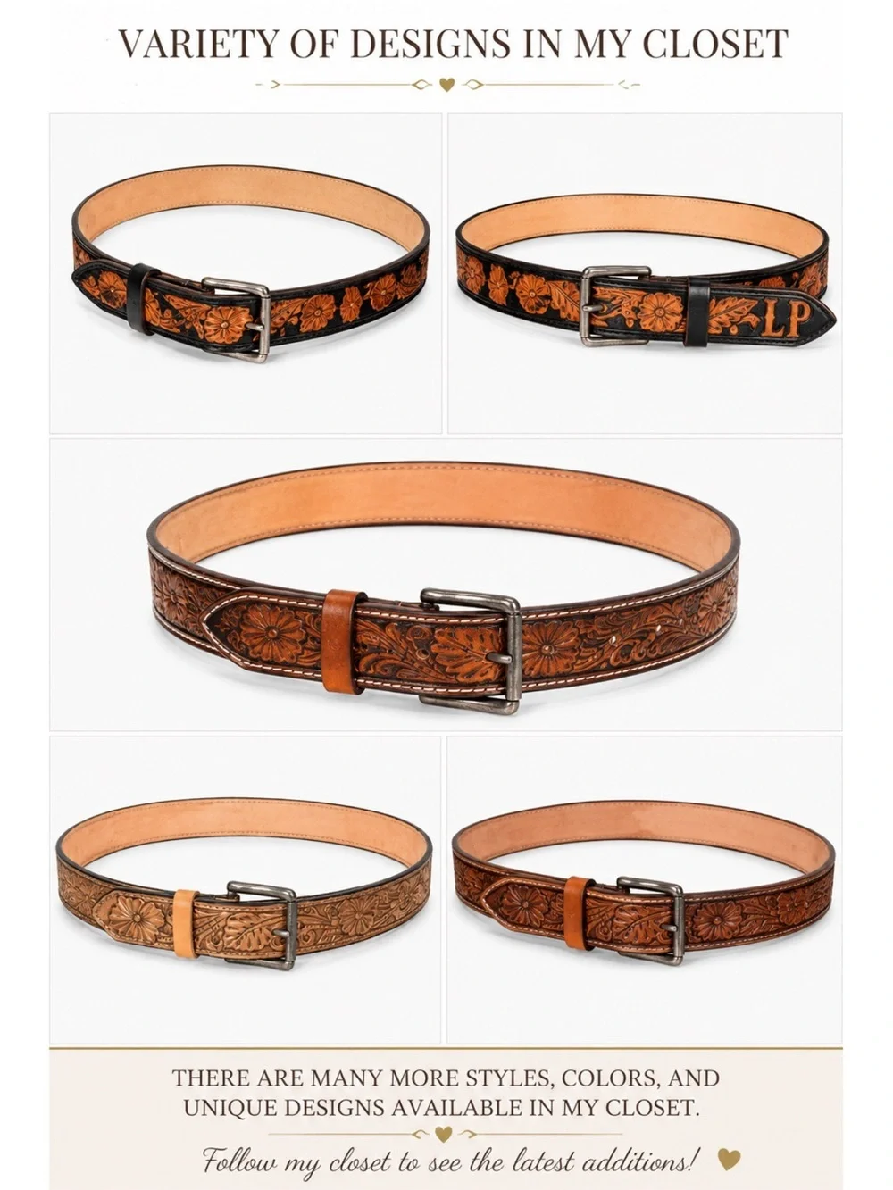 Tooled Leather Floral Belt - Black Tan handmade